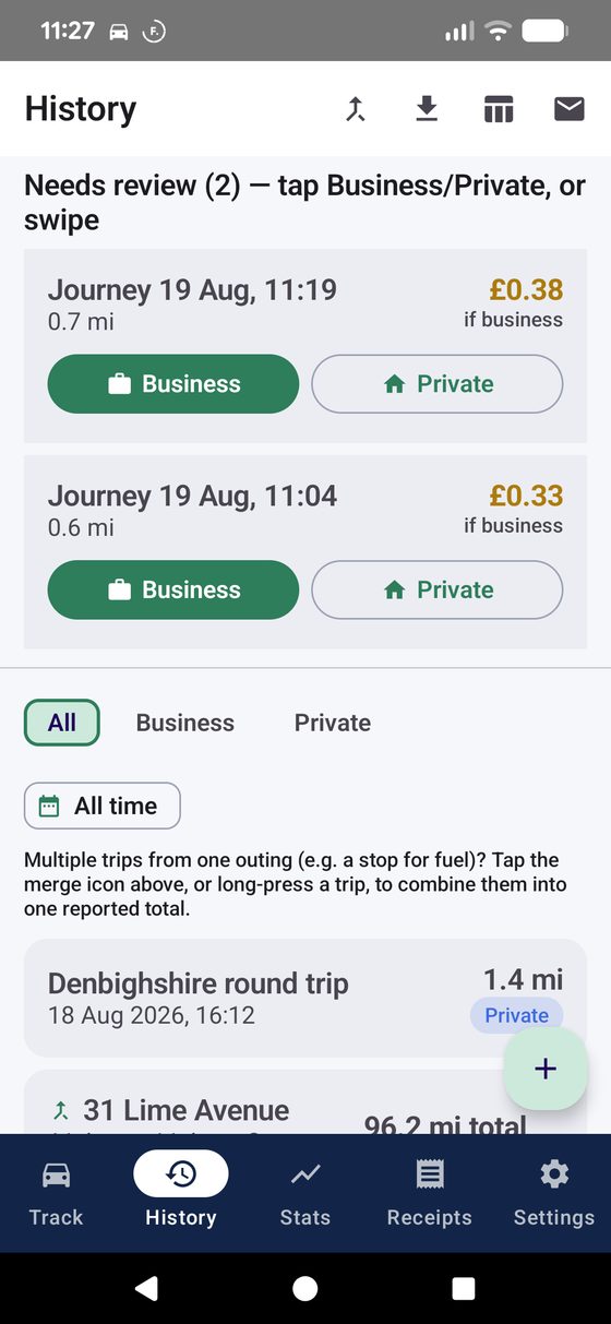 TrackMile History tab showing the Needs Review queue with per-trip value estimates, filter chips, and a grouped multi-leg trip