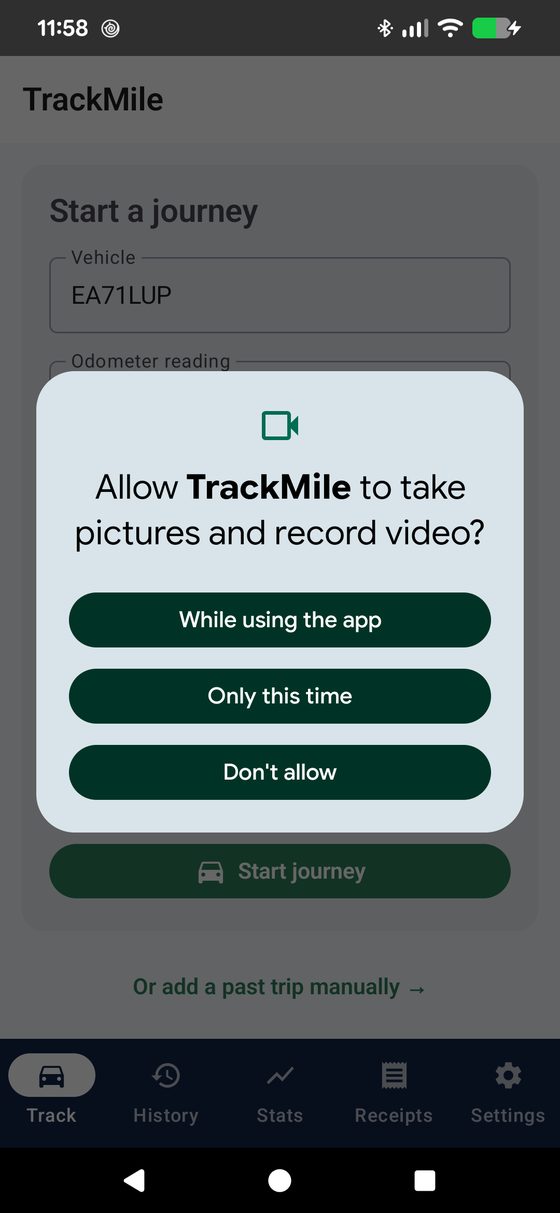Allow TrackMile to take pictures and record video permission dialog