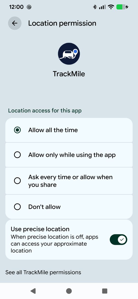 Android system Location permission settings screen with Allow all the time selected