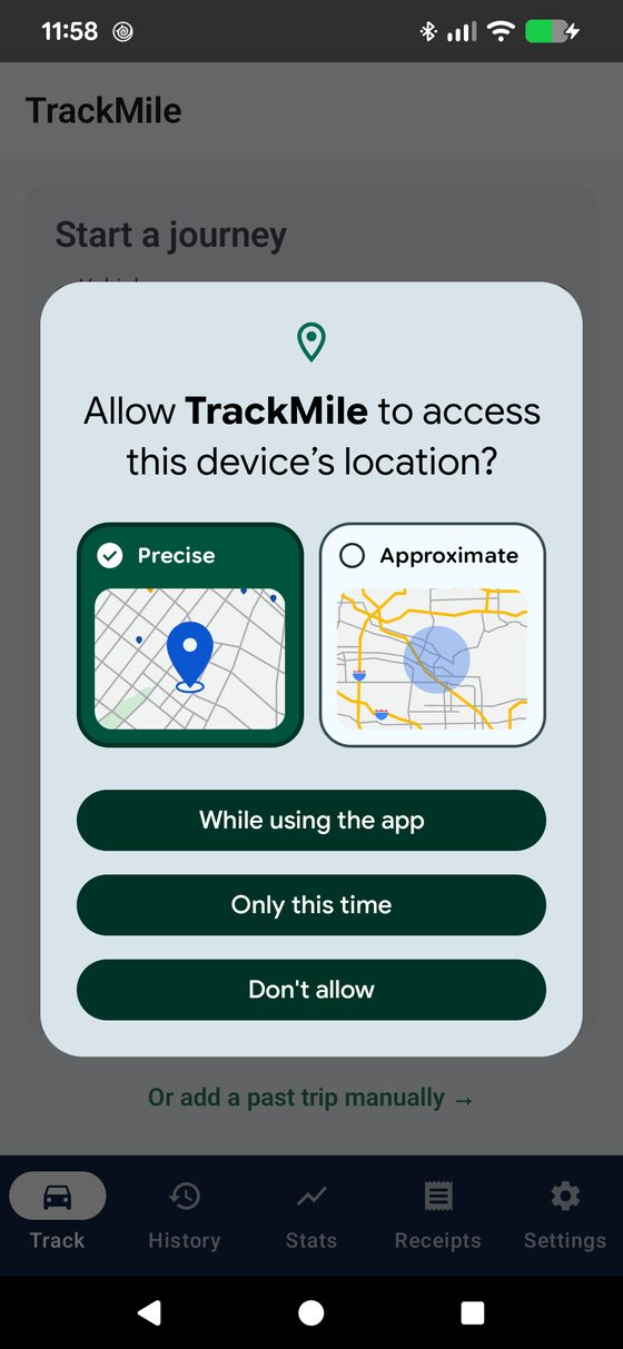 Android location permission dialog offering Precise or Approximate, and While using the app, Only this time, or Don't allow