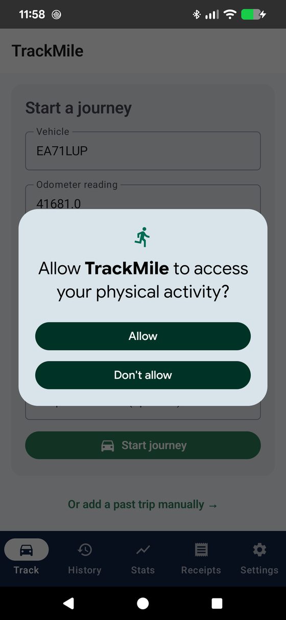 Allow TrackMile to access your physical activity permission dialog