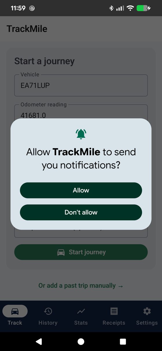 Allow TrackMile to send you notifications permission dialog