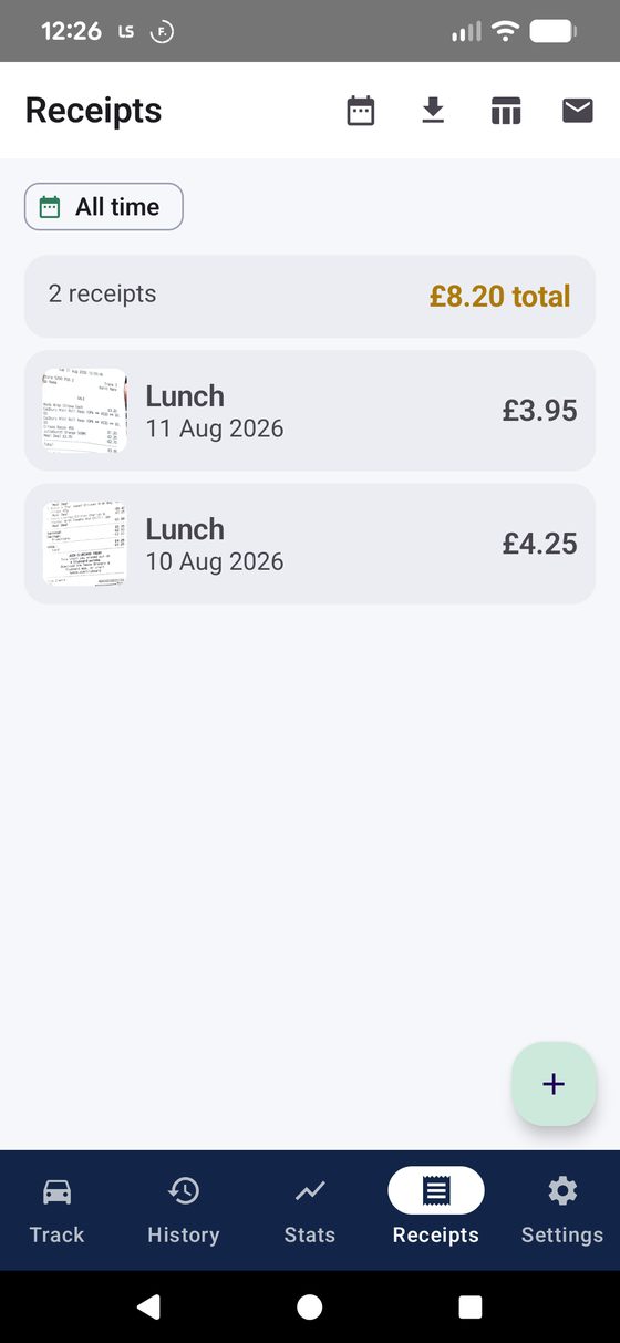 TrackMile Receipts tab showing a running total and two photographed receipts
