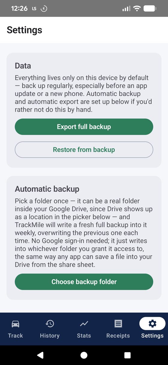 Data section with Export full backup and Restore from backup buttons, and the Automatic backup section with Choose backup folder