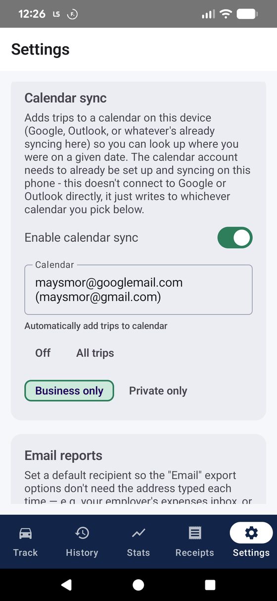 Calendar sync section with the enable toggle, calendar picker, and auto-add mode options