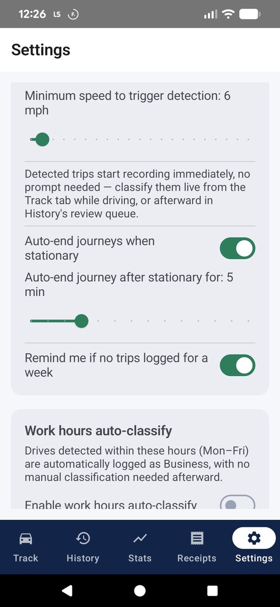 Minimum speed slider, auto-end journeys toggle, and the start of Work hours auto-classify