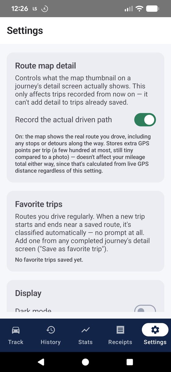 Route map detail toggle, Favorite trips section, and the start of Display settings